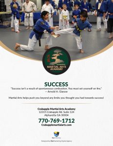 "success isn't a result of a spontaneous combustion. You must set yourself on fire" - Arnold H Glasow Martial Arts helps push you beyond any limits you thought you had towards success!