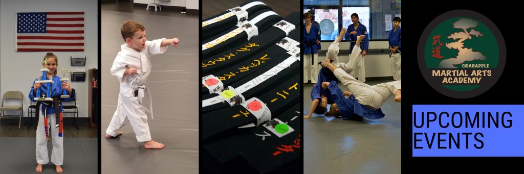 Banner showing a studedent with awards, a child practicing, black belts, teens practicing, and Crabapple martial arts logo 