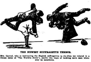 News clip showing drawn demonstrations of jiu jitsu titled "The newest suffragette terror" 