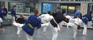 Students working on kicks and balance