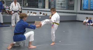 Student breaking board with a kick