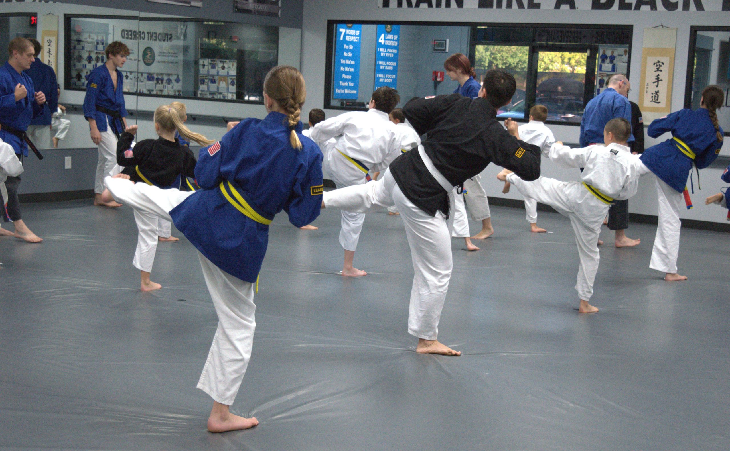 Students working on kicks and balance 