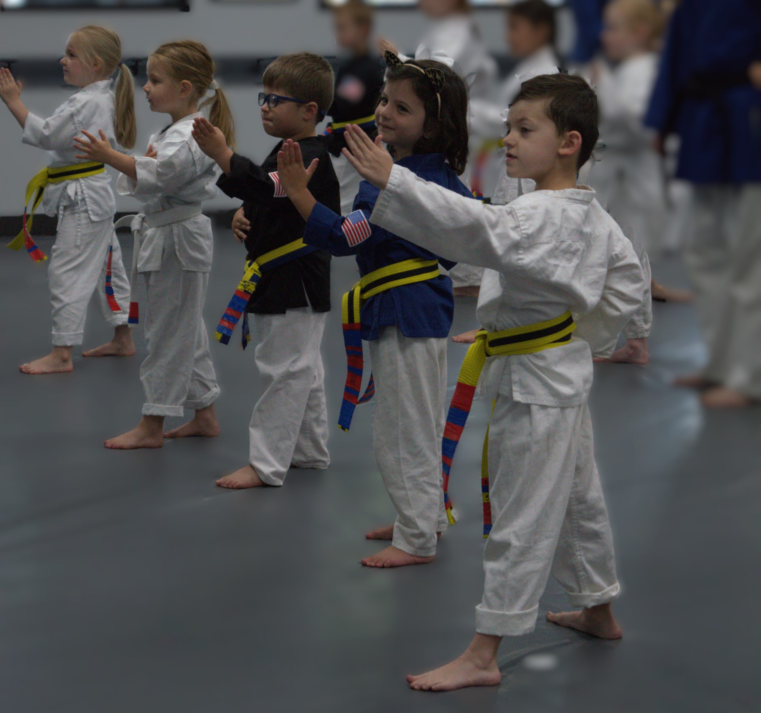 Children lined up practicing for board breaking 